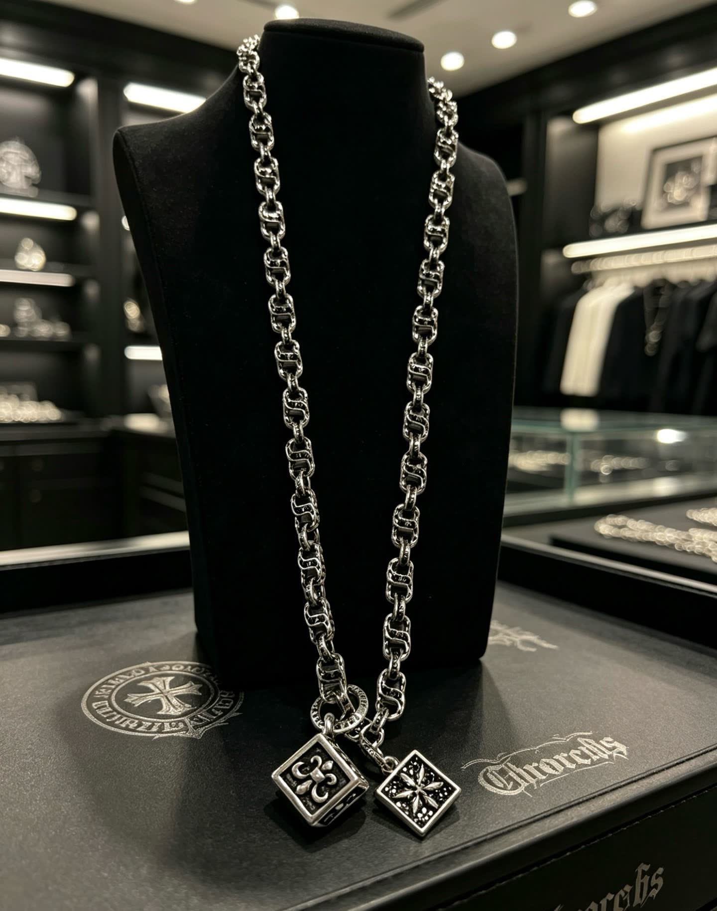 Chrome Hearts Silver Chain with Dice and Square Charms